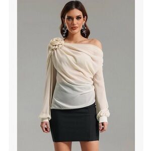 NWT Commense Elegant Cream Off-Shoulder Women's Chiffon Sheer Top Size S NEW!